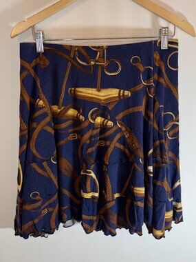 Vintage Y2K Ralph Lauren Skirt Womens M Gold Equestrian Horsebit Print Ruffle